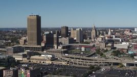 5.7K aerial stock footage ascend toward Seneca One Tower and Sahlen Field, Downtown Buffalo, New York Aerial Stock Footage | DX0002_201_008