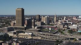 5.7K aerial stock footage fly away from Seneca One Tower and Sahlen Field, Downtown Buffalo, New York Aerial Stock Footage | DX0002_201_009