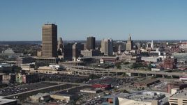 5.7K aerial stock footage of the city's skyline behind Sahlen Field, Downtown Buffalo, New York Aerial Stock Footage | DX0002_201_010