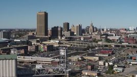 5.7K aerial stock footage slowly pass the city's skyline behind Sahlen Field, Downtown Buffalo, New York Aerial Stock Footage | DX0002_201_012