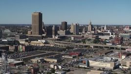 5.7K aerial stock footage a view of the city's skyline by Sahlen Field, Downtown Buffalo, New York Aerial Stock Footage | DX0002_201_013