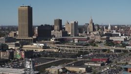 5.7K aerial stock footage ascend for view of the baseball stadium and skyline in Downtown Buffalo, New York Aerial Stock Footage | DX0002_201_041