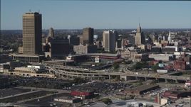 5.7K aerial stock footage stationary view of the baseball stadium and skyline in Downtown Buffalo, New York Aerial Stock Footage | DX0002_201_042
