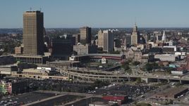 5.7K aerial stock footage slowly flying by the baseball stadium and skyline in Downtown Buffalo, New York Aerial Stock Footage | DX0002_201_043