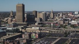 5.7K aerial stock footage slowly passing the baseball stadium and skyline in Downtown Buffalo, New York Aerial Stock Footage | DX0002_201_044