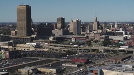 5.7K aerial stock footage the baseball stadium and skyline during descent in Downtown Buffalo, New York Aerial Stock Footage | DX0002_201_045
