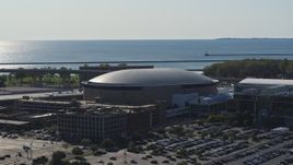 5.7K aerial stock footage of approaching KeyBank Center arena, Downtown Buffalo, New York Aerial Stock Footage | DX0002_202_010
