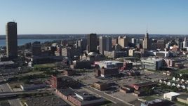 5.7K aerial stock footage approach Erie Community College, baseball stadium, office towers in Downtown Buffalo, New York Aerial Stock Footage | DX0002_202_014