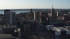 5.7K aerial stock footage of orbit and fly away from office towers in Downtown Buffalo, New York Aerial Stock Footage | DX0002_203_004