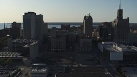 5.7K aerial stock footage flyby and away from three tall office towers in Downtown Buffalo, New York Aerial Stock Footage | DX0002_203_014