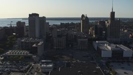 5.7K aerial stock footage of three tall office towers, seen during descent in Downtown Buffalo, New York Aerial Stock Footage | DX0002_203_017