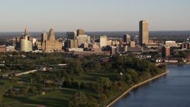 5.7K aerial stock footage a wide view of the city's skyline at sunset, Downtown Buffalo, New York Aerial Stock Footage | DX0002_203_030