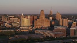 5.7K aerial stock footage of flying by city hall at sunset, Downtown Buffalo, New York Aerial Stock Footage | DX0002_204_006