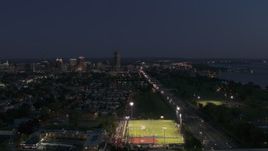 5.7K aerial stock footage fly away from I-190 leading to skyline at twilight, Downtown Buffalo, New York Aerial Stock Footage | DX0002_204_052