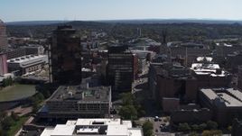 5.7K aerial stock footage focus on riverfront office towers during descent, Downtown Rochester, New York Aerial Stock Footage | DX0002_206_017