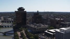 5.7K aerial stock footage orbit riverfront office towers and hotel, Downtown Rochester, New York Aerial Stock Footage | DX0002_206_018