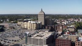 5.7K aerial stock footage orbit and approach Kodak Tower and college in Rochester, New York Aerial Stock Footage | DX0002_206_019