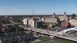 5.7K aerial stock footage orbit of the police station by I-490, Downtown Rochester, New York Aerial Stock Footage | DX0002_207_016