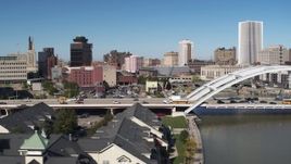 5.7K aerial stock footage descend and flyby traffic on the Douglass-Anthony Bridge, Downtown Rochester, New York Aerial Stock Footage | DX0002_207_035