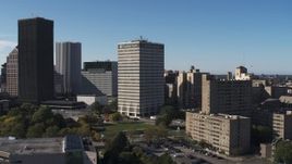 5.7K aerial stock footage slowly orbit Five Star Bank Plaza in Downtown Rochester, New York Aerial Stock Footage | DX0002_208_009