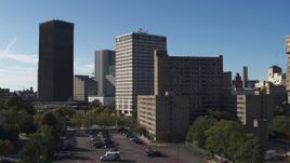 5.7K aerial stock footage Xerox Tower, Five Star Bank Plaza and apartment complex in Downtown Rochester, New York Aerial Stock Footage | DX0002_208_010