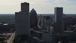 5.7K aerial stock footage of ascending past skyscrapers and office towers in Downtown Rochester, New York Aerial Stock Footage | DX0002_208_031