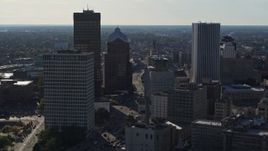 5.7K aerial stock footage of flying by skyscrapers and office towers in Downtown Rochester, New York Aerial Stock Footage | DX0002_208_032