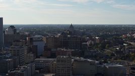 5.7K aerial stock footage wide view of Kodak Tower seen from Downtown Rochester, New York Aerial Stock Footage | DX0002_208_035