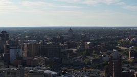 5.7K aerial stock footage wide view of Kodak Tower seen from buildings in Downtown Rochester, New York Aerial Stock Footage | DX0002_208_036