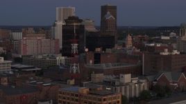 5.7K aerial stock footage of First Federal Plaza, Legacy Tower and radio tower at twilight, Downtown Rochester, New York Aerial Stock Footage | DX0002_210_005