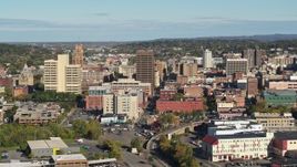 5.7K aerial stock footage approach and flyby office buildings in Downtown Syracuse, New York Aerial Stock Footage | DX0002_213_013