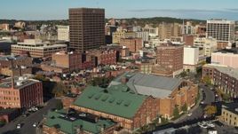 5.7K aerial stock footage of orbiting Chase Tower seen from museum, Downtown Syracuse, New York Aerial Stock Footage | DX0002_213_026