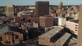 5.7K aerial stock footage of orbiting Chase Tower, reveal apartment high-rise, Downtown Syracuse, New York Aerial Stock Footage | DX0002_213_027