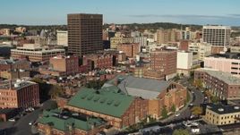 5.7K aerial stock footage of an orbit of Chase Tower and science museum, Downtown Syracuse, New York Aerial Stock Footage | DX0002_213_029