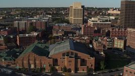5.7K aerial stock footage of orbiting the museum, focus on office buildings, Downtown Syracuse, New York Aerial Stock Footage | DX0002_213_037