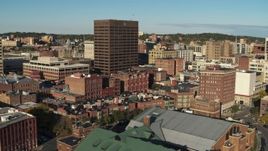 5.7K aerial stock footage of circling the Chase Tower office high-rise, reveal apartment building, Downtown Syracuse, New York Aerial Stock Footage | DX0002_213_041