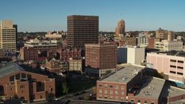 5.7K aerial stock footage focus on Chase Tower while descending, Downtown Syracuse, New York Aerial Stock Footage | DX0002_213_044