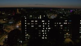 5.7K aerial stock footage of the Dellplain Hall university dormitory at twilight, Syracuse, New York Aerial Stock Footage | DX0002_215_012