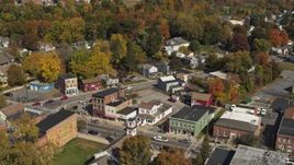 5.7K aerial stock footage descend with view of buildings around a small town intersection in Fort Edward, New York Aerial Stock Footage | DX0002_216_022