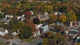 5.7K aerial stock footage orbit and fly away from St Joseph's Church in Fort Edward, New York Aerial Stock Footage | DX0002_216_023