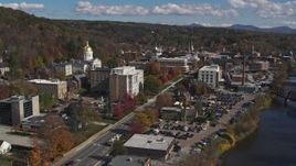 5.7K aerial stock footage fly away from government office and state capitol building, reveal river, Montpelier, Vermont Aerial Stock Footage | DX0002_218_015