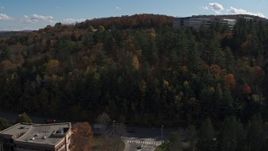 5.7K aerial stock footage of approaching an office building on a hill, Montpelier, Vermont Aerial Stock Footage | DX0002_218_021