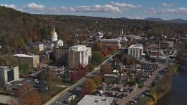 5.7K aerial stock footage orbit government office building and state capitol, fly away from downtown, Montpelier, Vermont Aerial Stock Footage | DX0002_218_025