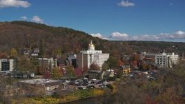 5.7K aerial stock footage focus on government office building, seen from the river, Montpelier, Vermont Aerial Stock Footage | DX0002_218_026