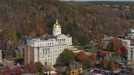 5.7K aerial stock footage of the state capitol behind a government office building, Montpelier, Vermont Aerial Stock Footage | DX0002_218_035