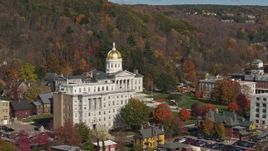 5.7K aerial stock footage of approaching the state capitol behind a government office building, Montpelier, Vermont Aerial Stock Footage | DX0002_218_036
