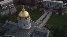 5.7K aerial stock footage of flying away from the Vermont State House dome in Montpelier Aerial Stock Footage | DX0002_219_006