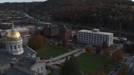 5.7K aerial stock footage of flying away from government office building and the capitol in Montpelier, Vermont Aerial Stock Footage | DX0002_219_011