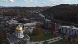 5.7K aerial stock footage a view of government and brick buildings near the river, seen from capitol, Montpelier, Vermont Aerial Stock Footage | DX0002_219_015