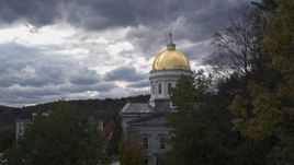 5.7K aerial stock footage stationary view of the golden dome on the capitol building, Montpelier, Vermont Aerial Stock Footage | DX0002_219_021